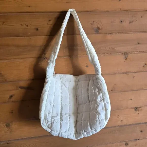 Quilted Puffer Bag Purse White Grid Shoulder Tote Boho Bookbag Preppy Librarian - Picture 3 of 4